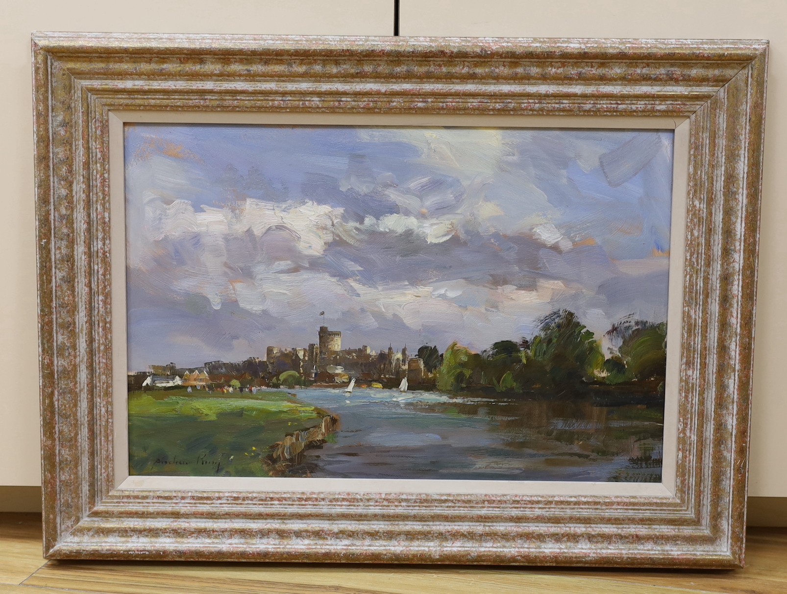 Andrew King ROI, oil on board, 'Riverside towards Windsor', signed with artist label verso, 40 x 60cm